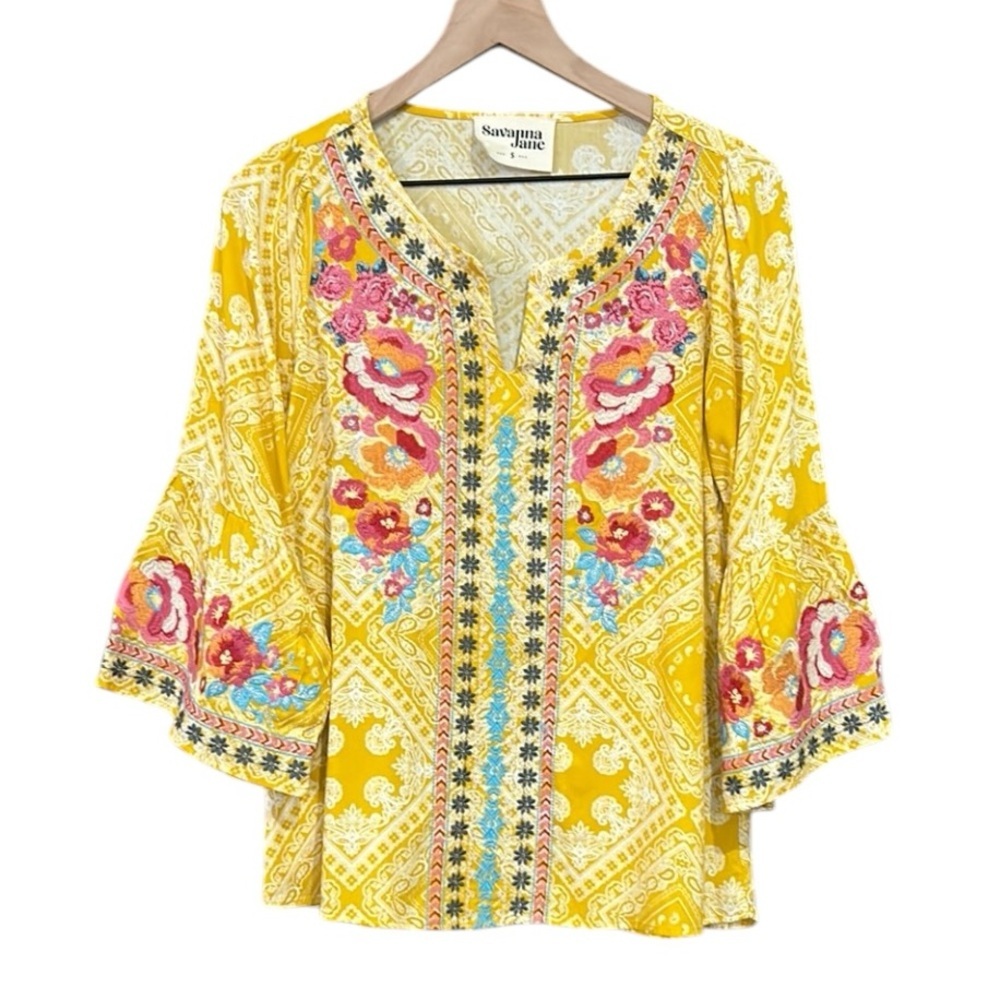 Savanna Jane Floral Embroidered Bell Sleeve Top Yellow Size Small - Picture 2 of 14